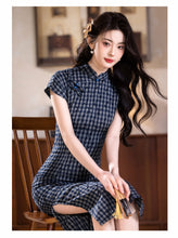 Load image into Gallery viewer, New Chinese-style cheongsam dress with dark blue checks【YG2645】