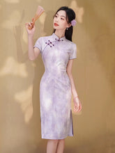 Load image into Gallery viewer, Classical design qipao dress - purple short-sleeved cheongsam | Flowers on the Rainbow【YG2799】