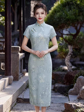 Load image into Gallery viewer, Chinese-style fashionable qipao dress - blue oblique-button cheongsam | Flowers on the Rainbow【YG2866】