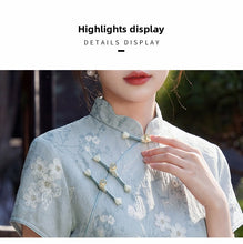 Load image into Gallery viewer, Chinese-style fashionable qipao dress - blue oblique-button cheongsam | Flowers on the Rainbow【YG2866】