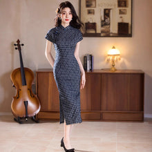 Load image into Gallery viewer, New Chinese-style cheongsam dress with dark blue checks【YG2645】