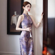 Load image into Gallery viewer, Chinese-style sexy qipao dress - off-shoulder purple cheongsam | Flowers on the Rainbow【YG2808】