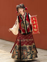 Load image into Gallery viewer, Chinese ancient costume Hanfu embroidery patterns Mamian Skirt 丨 明制汉服暗红金【3-Piece Set RF9345】
