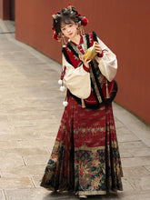Load image into Gallery viewer, Chinese ancient costume Hanfu embroidery patterns Mamian Skirt 丨 明制汉服暗红金【3-Piece Set RF9345】
