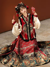 Load image into Gallery viewer, Chinese ancient costume Hanfu embroidery patterns Mamian Skirt 丨 明制汉服暗红金【3-Piece Set RF9345】
