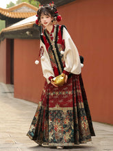 Load image into Gallery viewer, Chinese ancient costume Hanfu embroidery patterns Mamian Skirt 丨 明制汉服暗红金【3-Piece Set RF9345】
