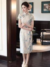Load image into Gallery viewer, Chinese-style elegant qipao dress - short-sleeved light blue cheongsam | Flowers on the Rainbow【YG2783】
