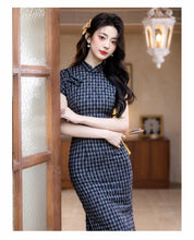 Load image into Gallery viewer, New Chinese-style cheongsam dress with dark blue checks【YG2645】
