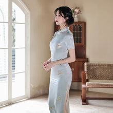 Load image into Gallery viewer, Sky-blue embroidered cheongsam with elegant Chinese style【YG2545】

