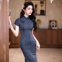 Load image into Gallery viewer, New Chinese-style cheongsam dress with dark blue checks【YG2645】
