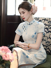 Load image into Gallery viewer, Chinese-style elegant qipao dress - short-sleeved light blue cheongsam | Flowers on the Rainbow【YG2783】
